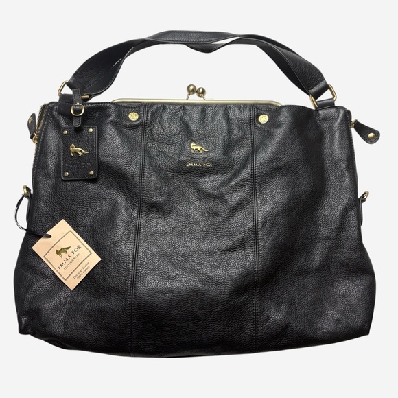 Emma Fox Handbags - EMMA FOX Dressage Frame Kiss-Lock Black Leather Satchel Vibrant Cotton Interior